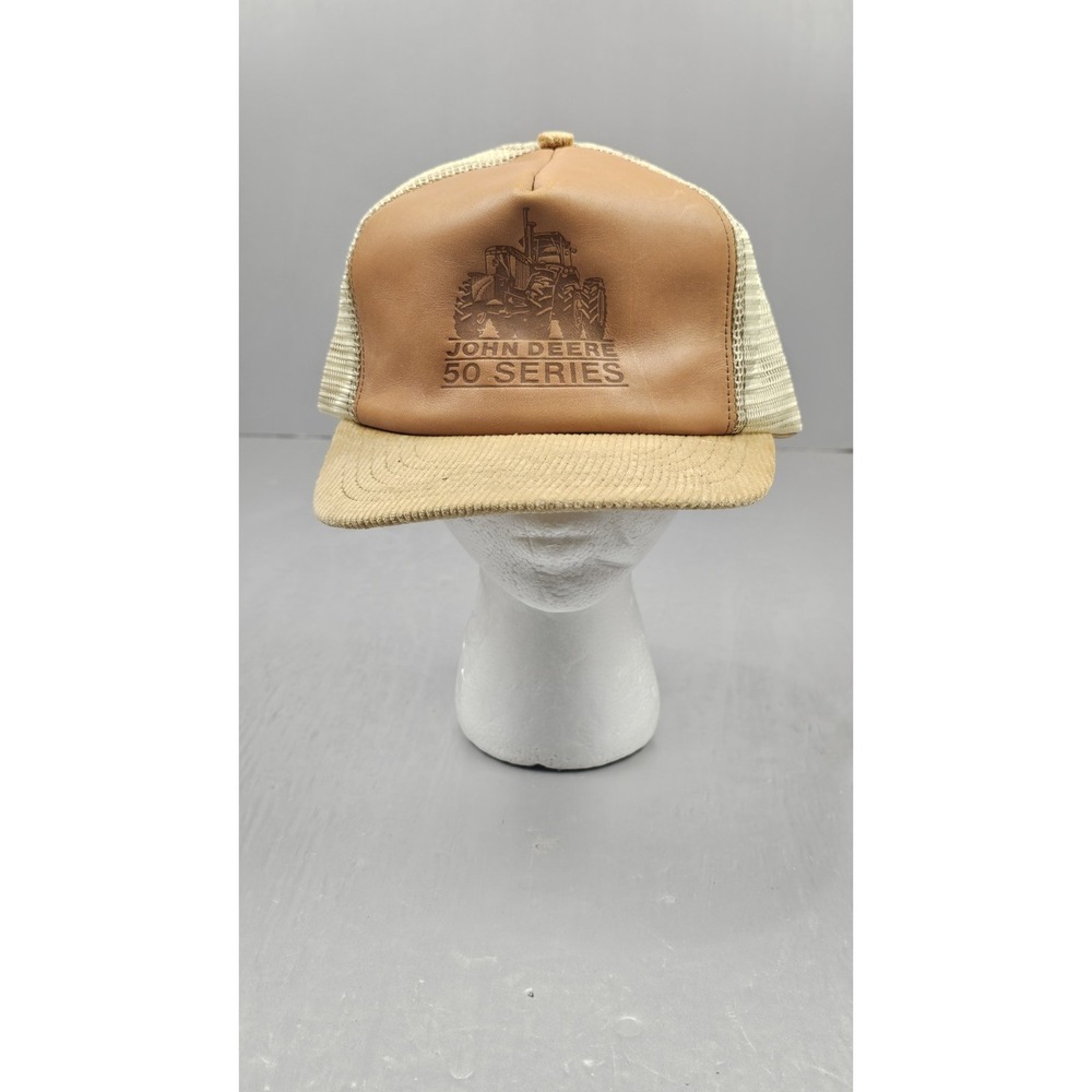 VTG John Deere 50 Series Snap Back Hat Beige Trucker Leather‎ Cap Corduroy USA